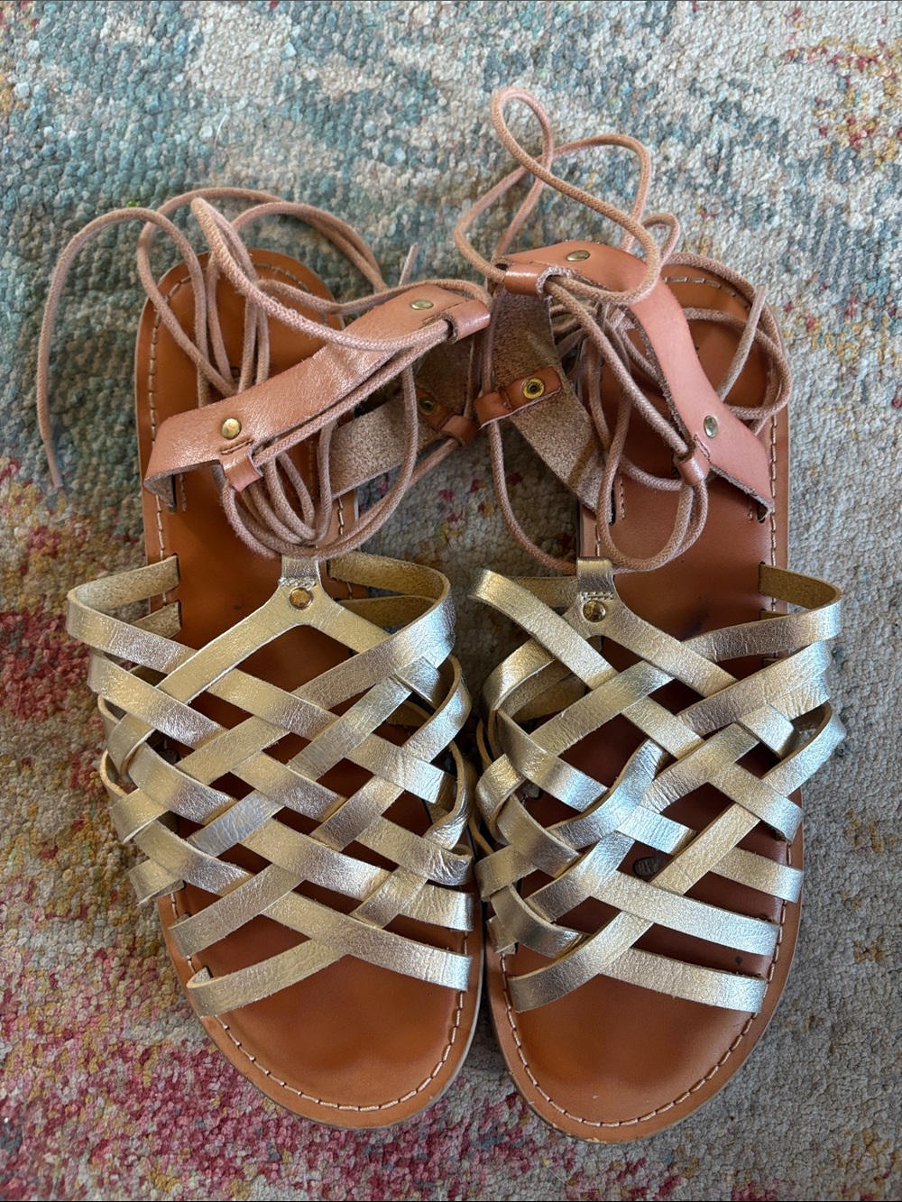 American Eagle Outfitters Metallic Gold Woven Lace-Up Sandals
